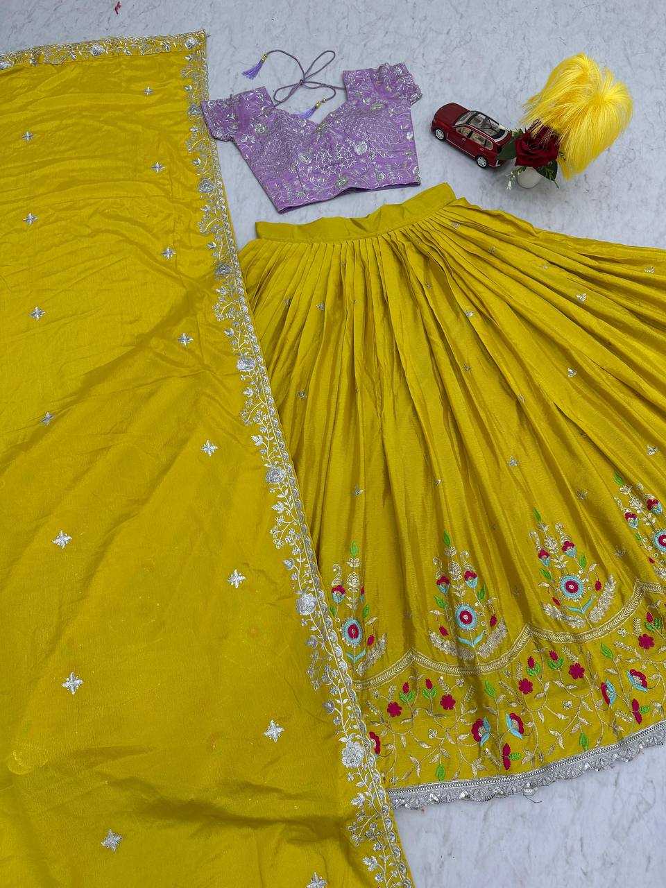 YNF CHINON SILK KESH120 201 LEHENGAS WHOLESALE WEDDING SEQUINS HALDI YELLOW LEHENGAS MANUFACTURER