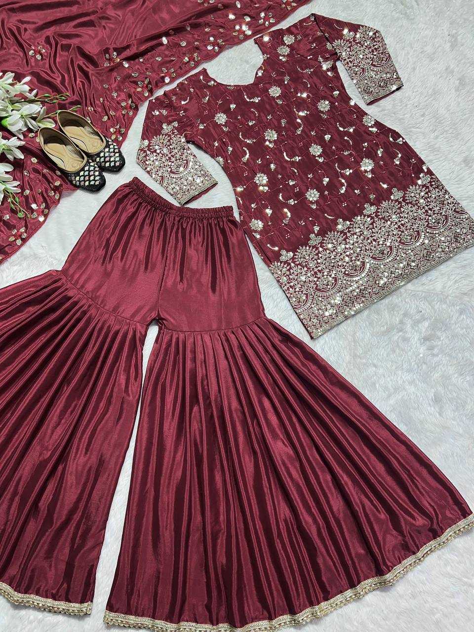 YNF CHINON SILK KESH144 5006 SUITS & DRESSES WHOLESALE SHARAR SALWAR EMBROIDERY LADIES SILK MAROON SALWARSUITS MANUFACTURER