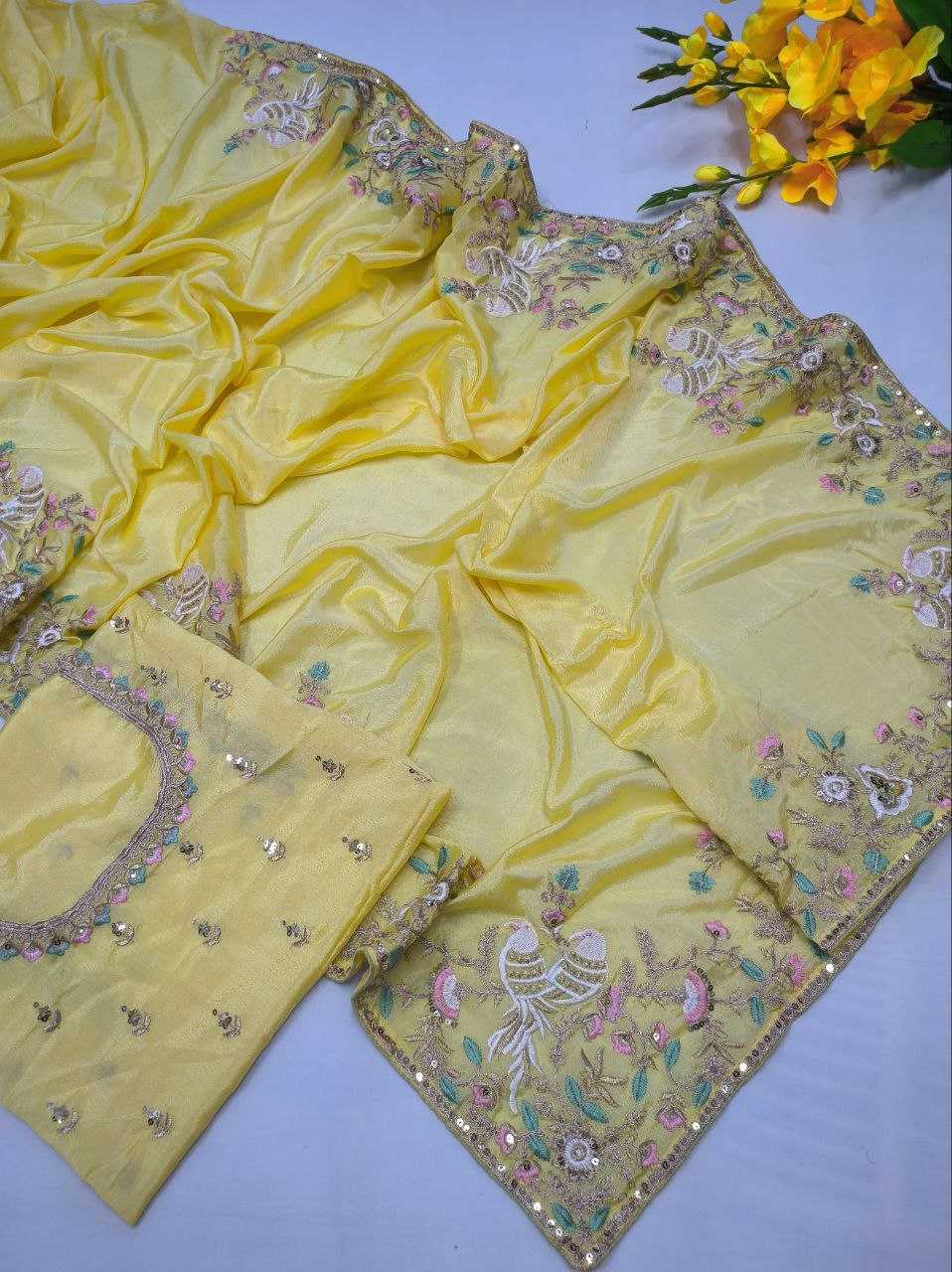 YNF CHINON SILK KESH188 9138 SAREES WHOLESALE SEQUENCE EMBROIDERED SILK YELLOW WEDDINGS SAREES MANUFACTURER