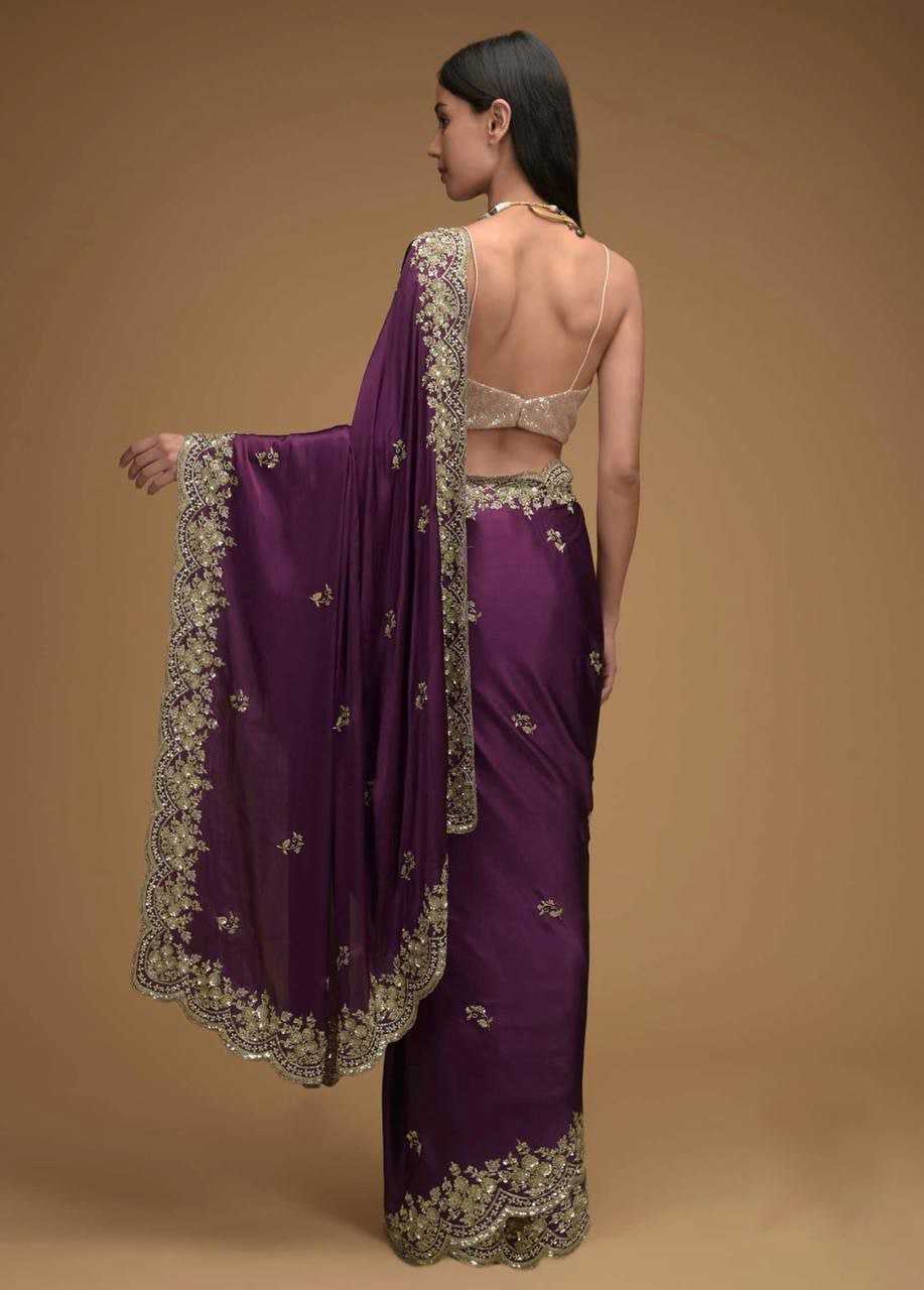 YNF CHINON SILK KESH188 9144 SAREES WHOLESALE SEQUENCE EMBROIDERED CUTWORK SILK SAREES WITH BLOUSE PURPLE SAREES MANUFACTURER