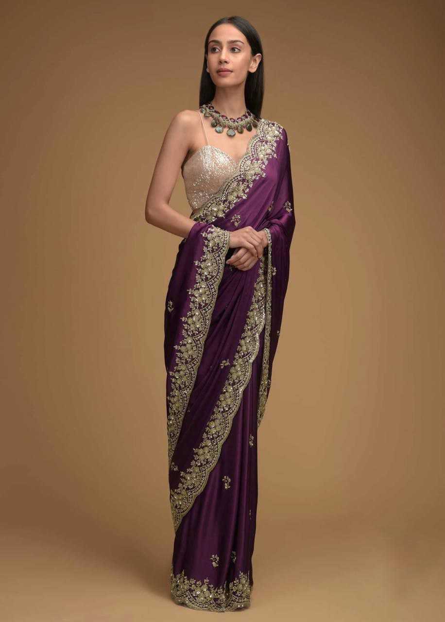 YNF CHINON SILK KESH188 9144 SAREES WHOLESALE SEQUENCE EMBROIDERED CUTWORK SILK SAREES WITH BLOUSE PURPLE SAREES MANUFACTURER