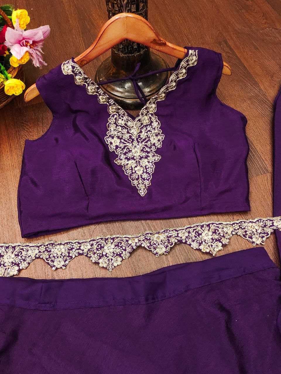 YNF CHINON SILK KESH188 9199 LEHENGAS WHOLESALE SILK EMBROIDERED JACKET STYLE LEHENGA WITH BELT PURPLE LEHENGAS MANUFACTURER