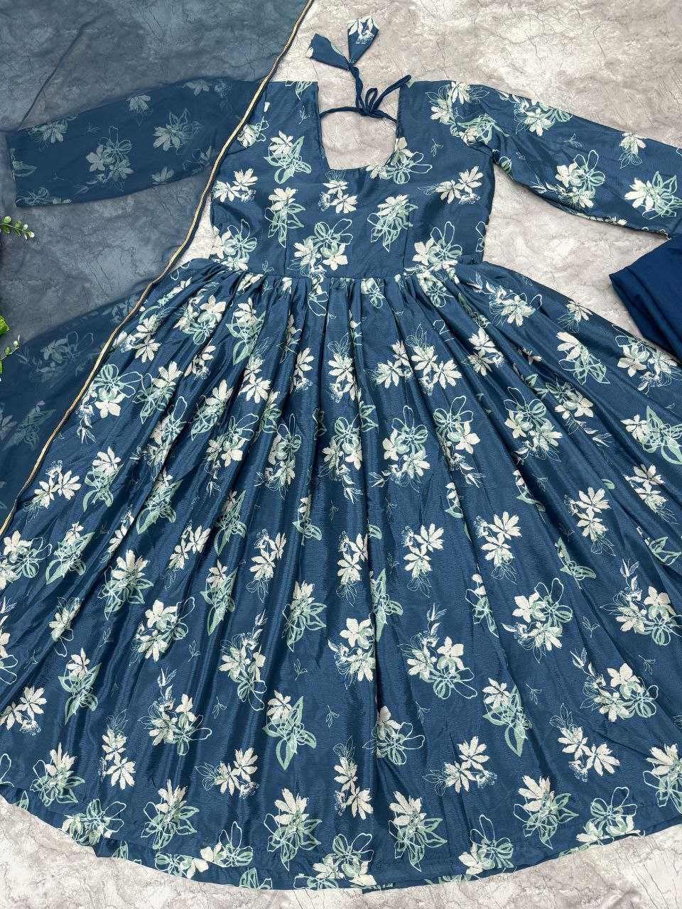 YNF CHINON SILK KESH188 9215 GOWNS WHOLESALE PRINTED ANARKALI LONG SILK FULL SLEEVE BLUE GOWNS MANUFACTURER