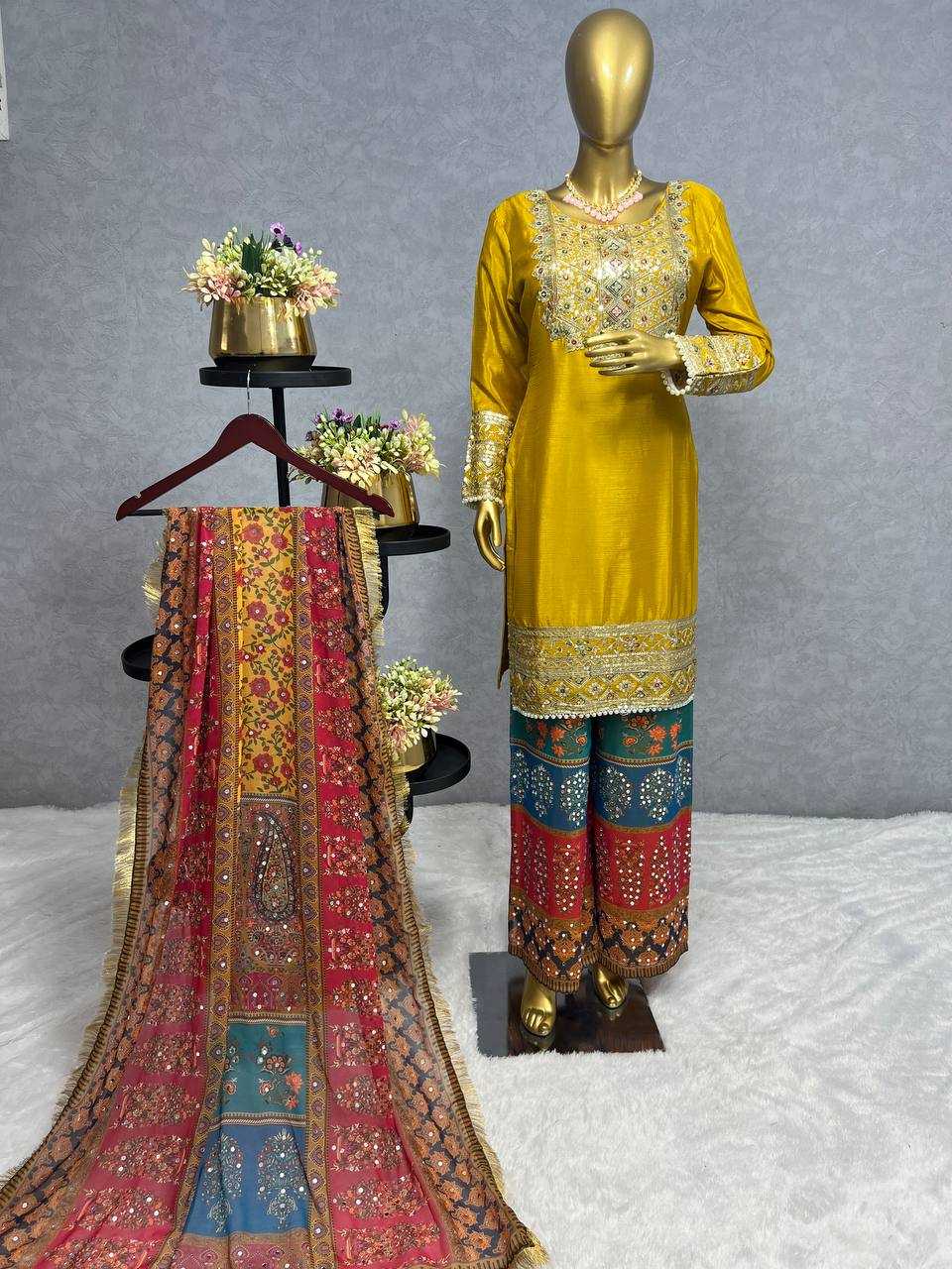 YNF CHINON SILK KESH227 1019 SUITS & DRESSES WHOLESALE LADIES EMBROIDERY PALAZZO LADIES SILK YELLOW SALWAR SUITS MANUFACTURER