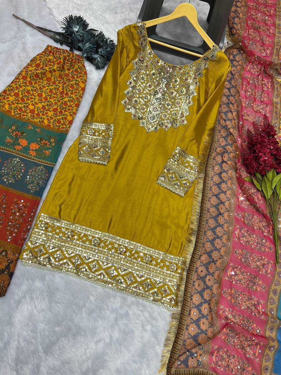 YNF CHINON SILK KESH227 1019 SUITS & DRESSES WHOLESALE LADIES EMBROIDERY PALAZZO LADIES SILK YELLOW SALWAR SUITS MANUFACTURER