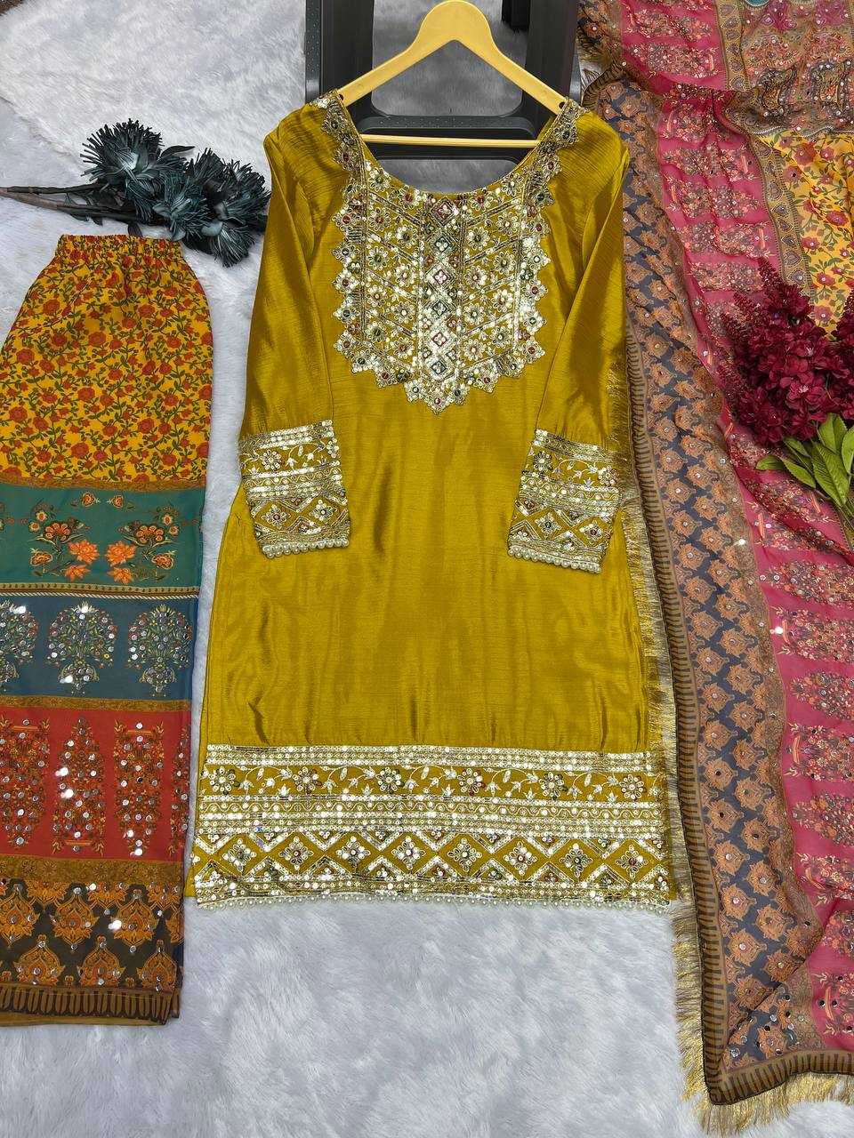 YNF CHINON SILK KESH227 1019 SUITS & DRESSES WHOLESALE LADIES EMBROIDERY PALAZZO LADIES SILK YELLOW SALWAR SUITS MANUFACTURER