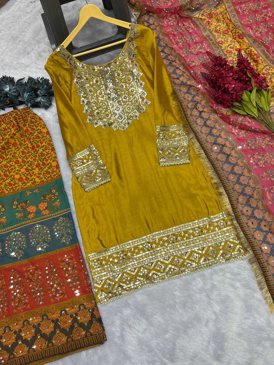 YNF CHINON SILK KESH227 1019 SUITS & DRESSES WHOLESALE LADIES EMBROIDERY PALAZZO LADIES SILK YELLOW SALWAR SUITS MANUFACTURER