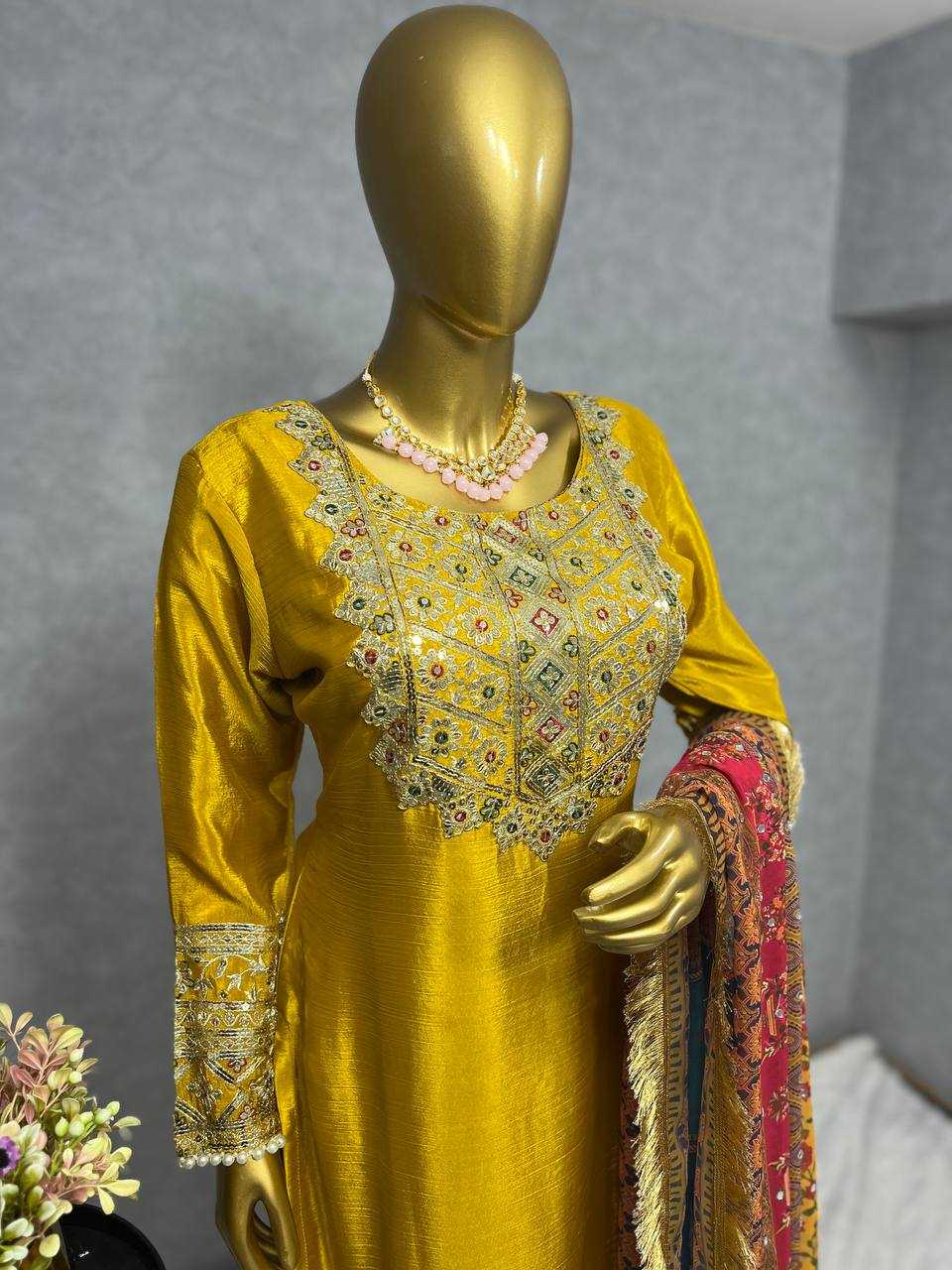 YNF CHINON SILK KESH227 1019 SUITS & DRESSES WHOLESALE LADIES EMBROIDERY PALAZZO LADIES SILK YELLOW SALWAR SUITS MANUFACTURER