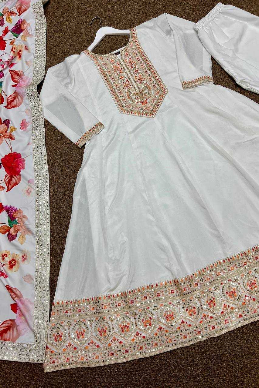 YNF CHINON SILK KESH227 1022 GOWNS WHOLESALE EMBROIDERY ANARKALI LONG SILK FULL SLEEVE WHITE GOWNS MANUFACTURER