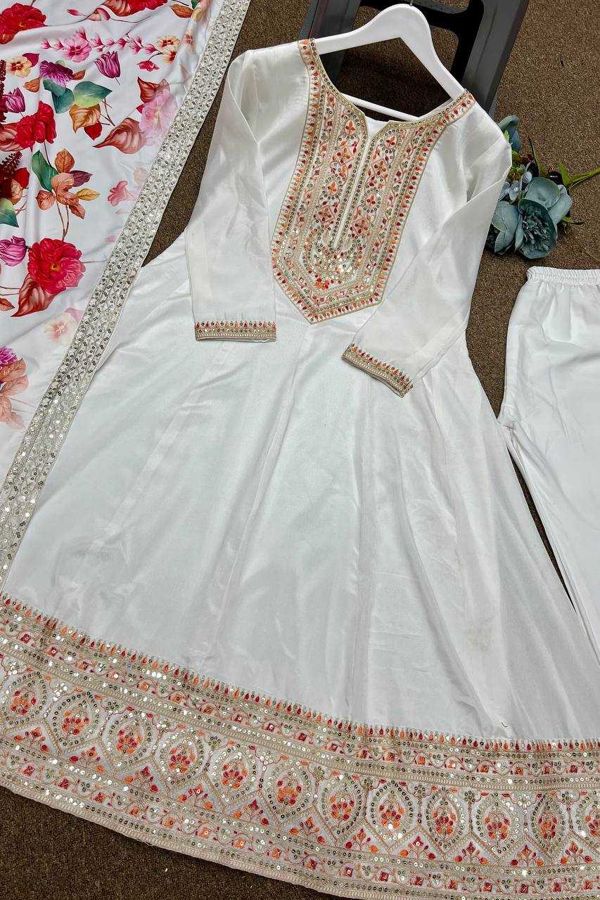 YNF CHINON SILK KESH227 1022 GOWNS WHOLESALE EMBROIDERY ANARKALI LONG SILK FULL SLEEVE WHITE GOWNS MANUFACTURER