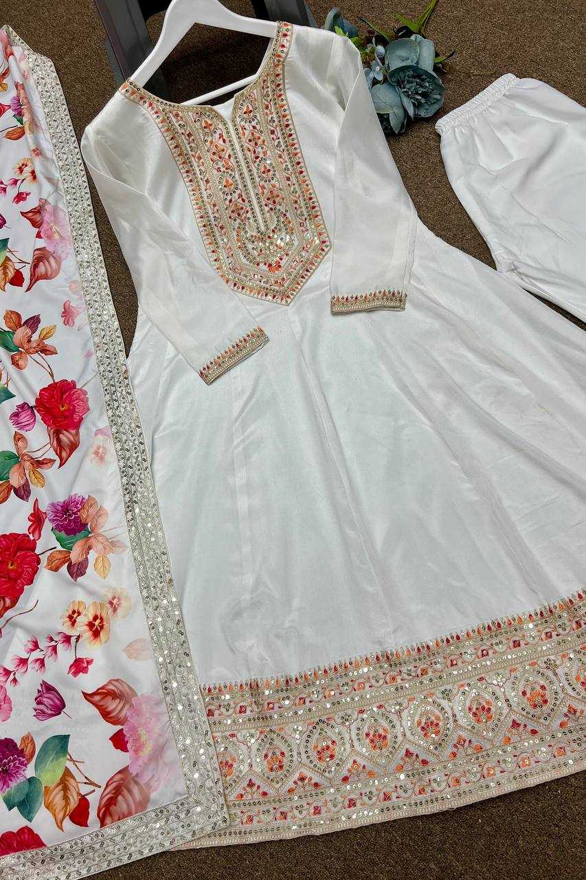 YNF CHINON SILK KESH227 1022 GOWNS WHOLESALE EMBROIDERY ANARKALI LONG SILK FULL SLEEVE WHITE GOWNS MANUFACTURER