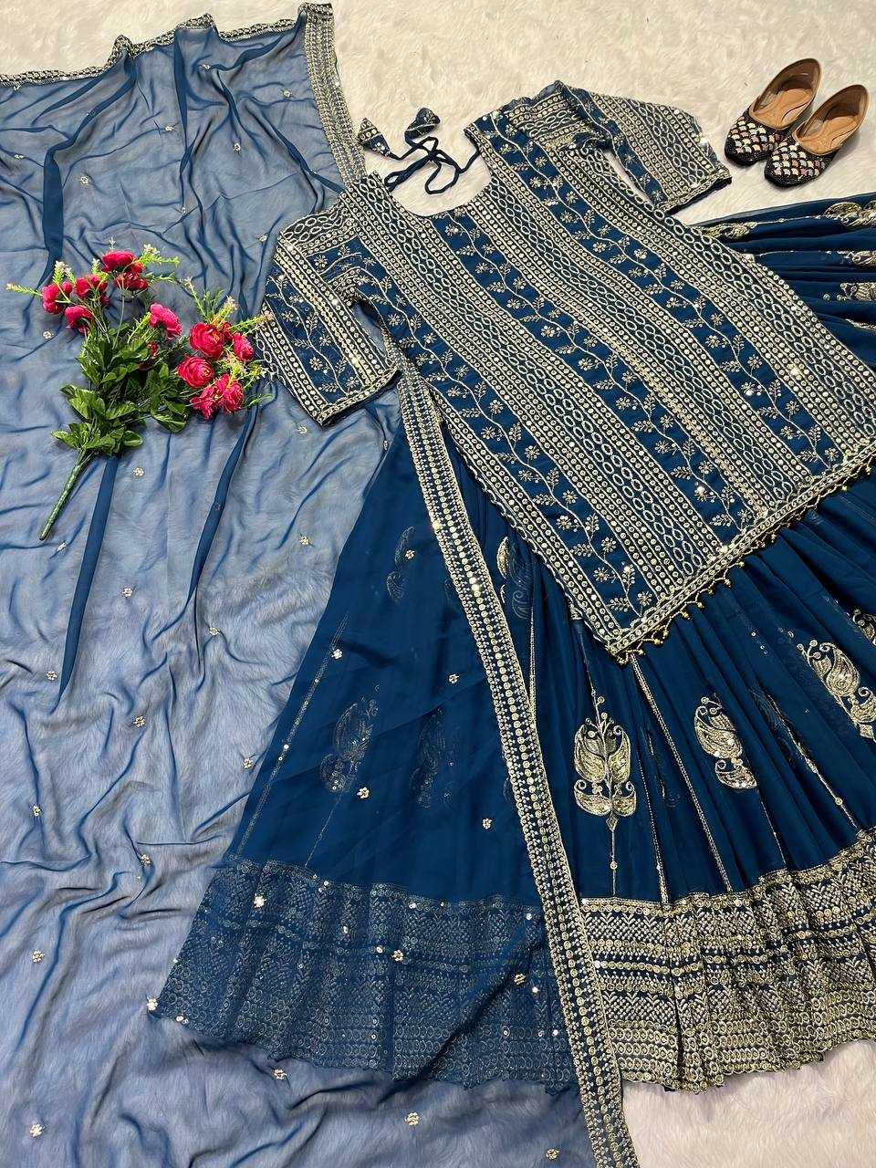 YNF FAUX GEORGETTE KESH145 3011 LEHENGAS WHOLESALE GEORGETTE EMBROIDERED BLUE LEHENGAS MANUFACTURER