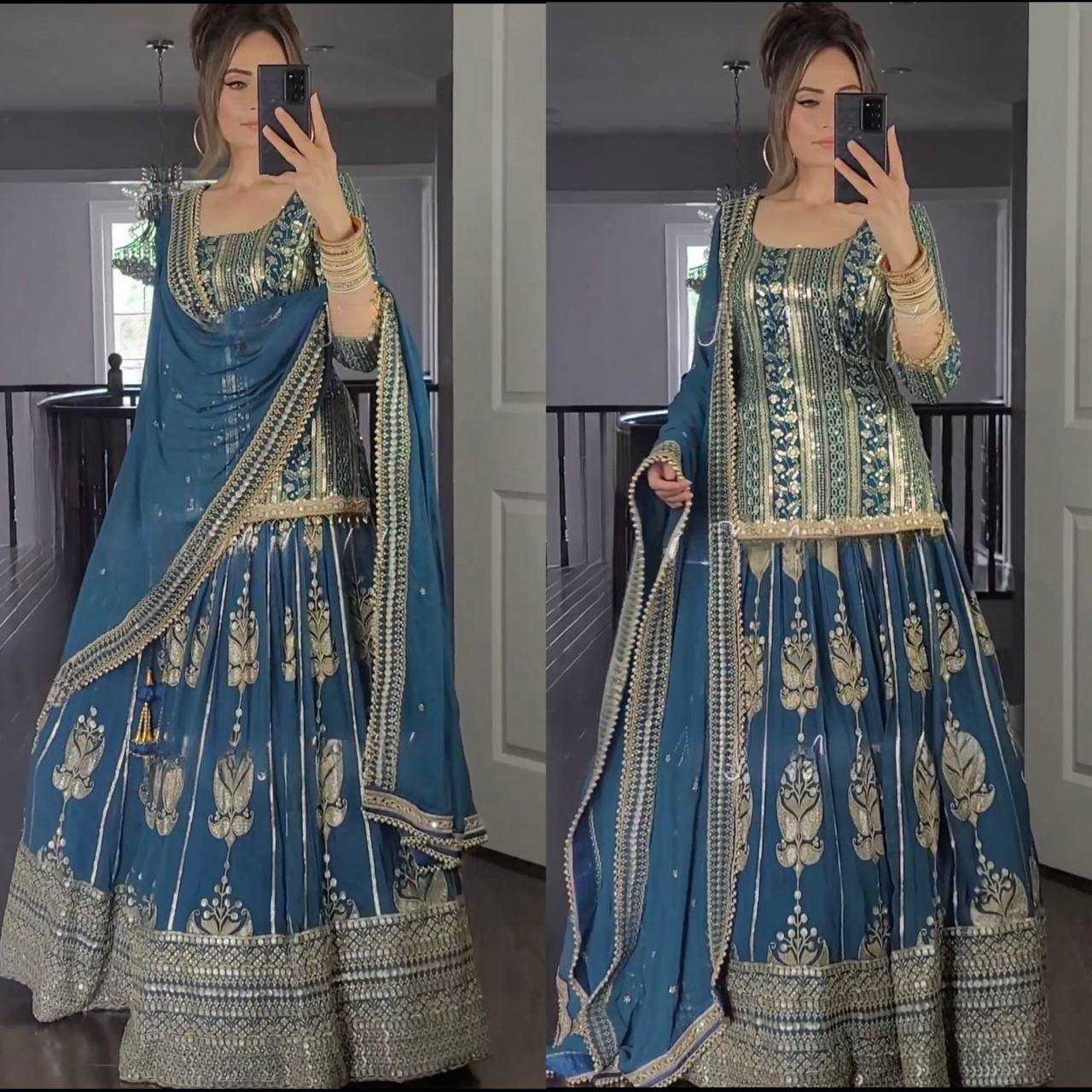 YNF FAUX GEORGETTE KESH145 3011 LEHENGAS WHOLESALE GEORGETTE EMBROIDERED BLUE LEHENGAS MANUFACTURER