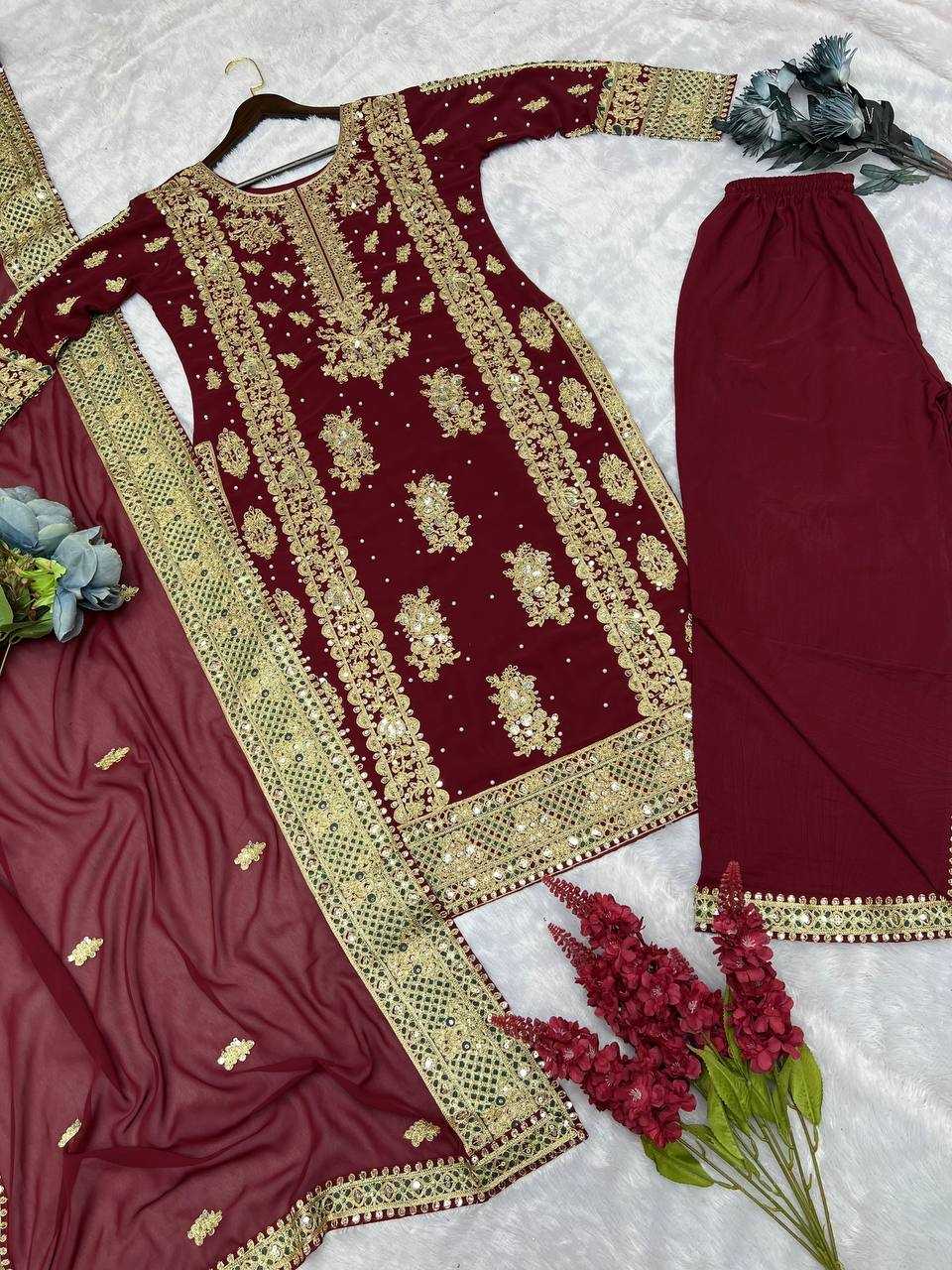 YNF FAUX GEORGETTE KESH157 1677 SUITS & DRESSES GEORGETTE EMBROIDERY LONG KURTI MAROON SALWAR WHOLESALE PAKISTANI LADIES SILK LONG KURTIS SUITS MANUFACTURER