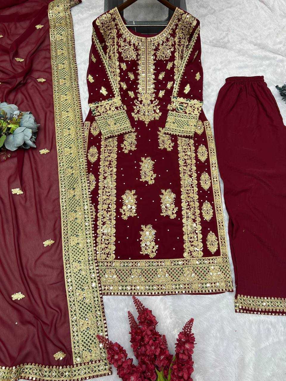 YNF FAUX GEORGETTE KESH157 1677 SUITS & DRESSES GEORGETTE EMBROIDERY LONG KURTI MAROON SALWAR WHOLESALE PAKISTANI LADIES SILK LONG KURTIS SUITS MANUFACTURER