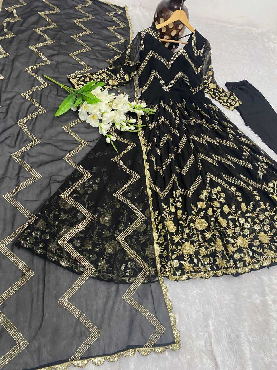 YNF FAUX GEORGETTE KESH164 G51 GOWNS WHOLESALE GEORGETTE EMBROIDERY ANARKALI BLACK GOWNS MANUFACTURER