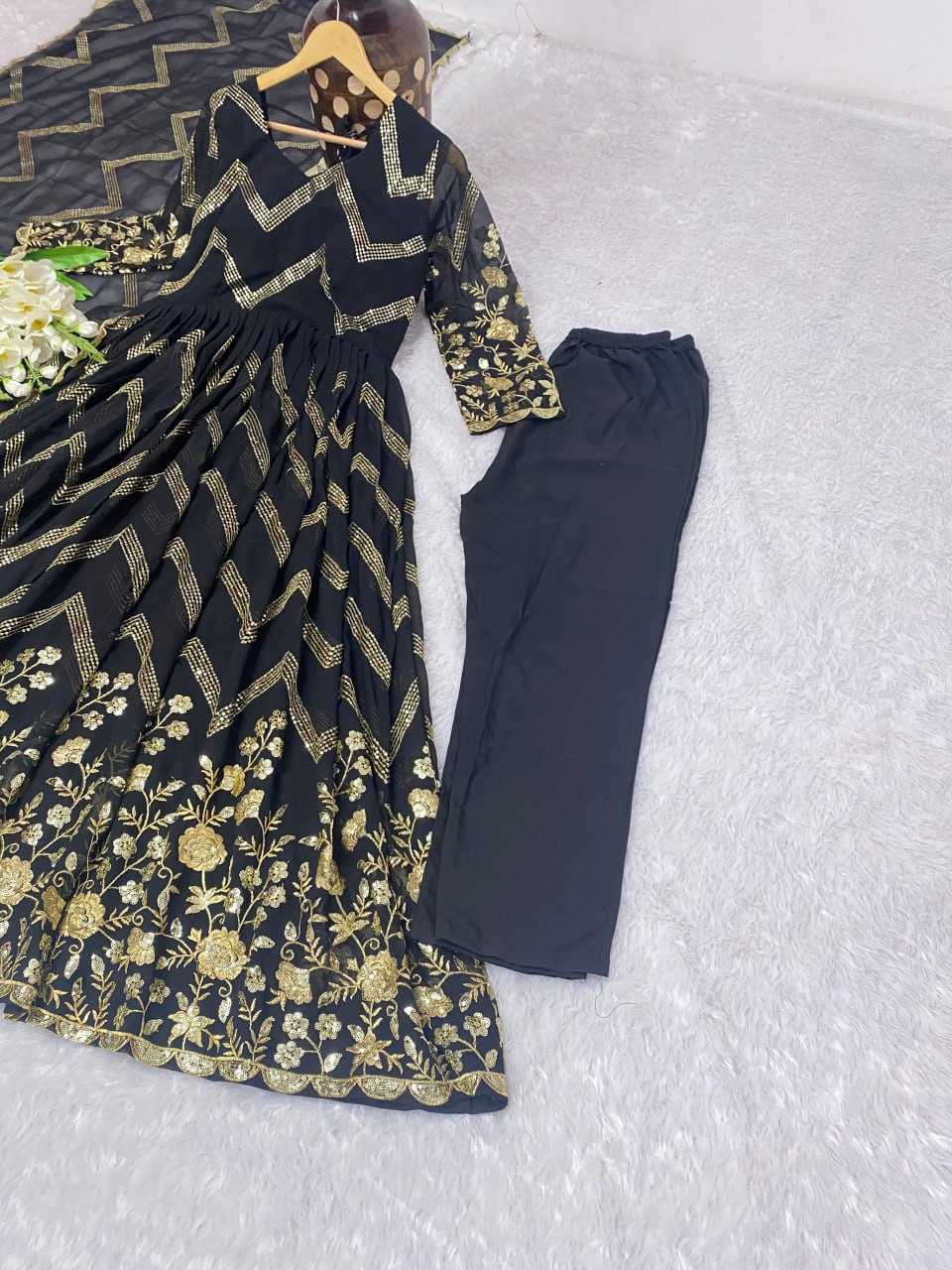 YNF FAUX GEORGETTE KESH164 G51 GOWNS WHOLESALE GEORGETTE EMBROIDERY ANARKALI BLACK GOWNS MANUFACTURER