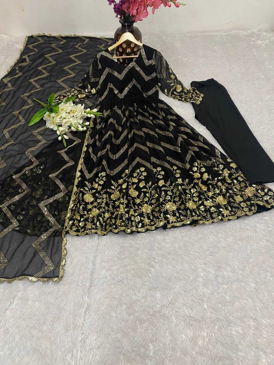 YNF FAUX GEORGETTE KESH164 G51 GOWNS WHOLESALE GEORGETTE EMBROIDERY ANARKALI BLACK GOWNS MANUFACTURER