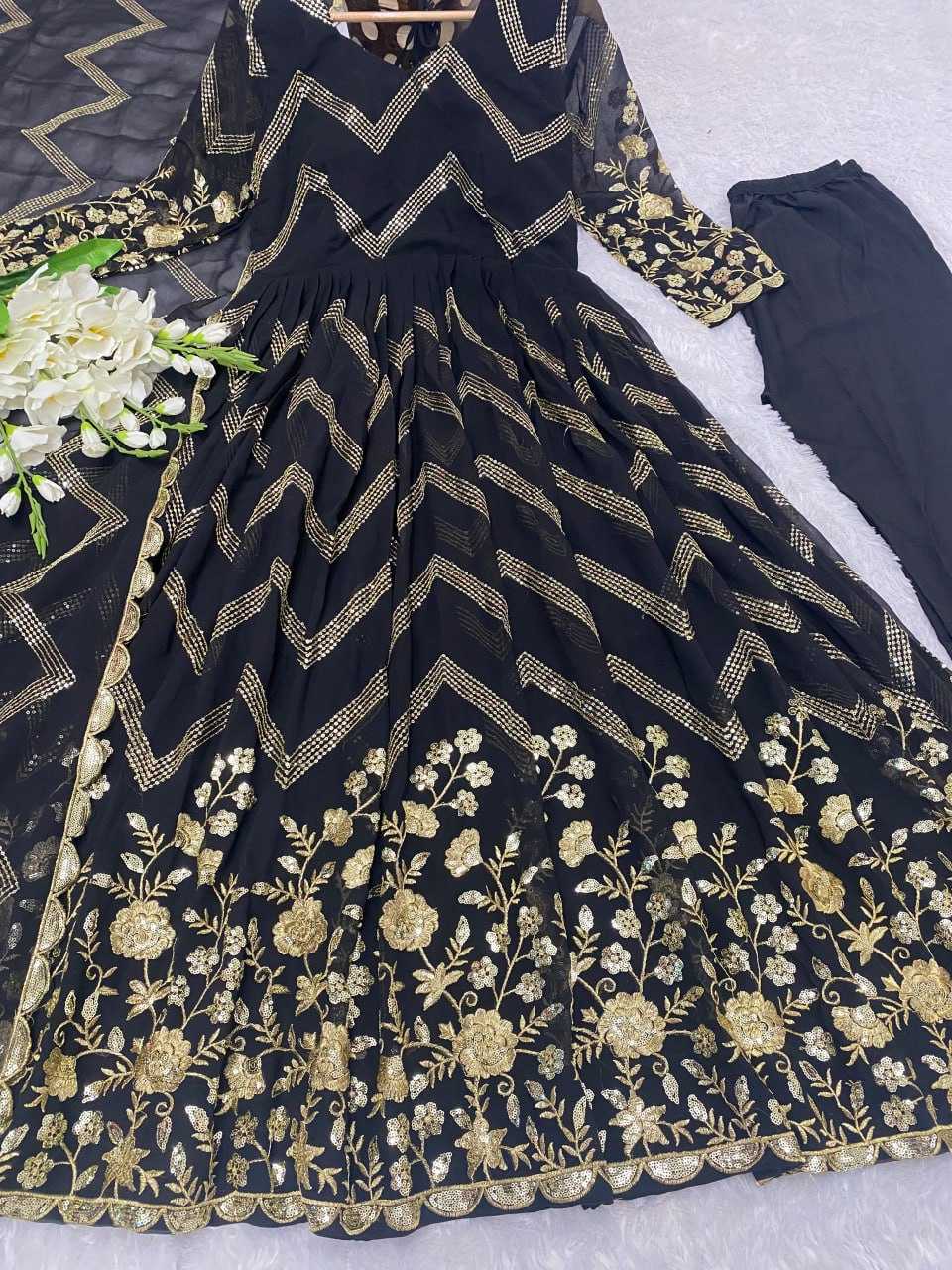 YNF FAUX GEORGETTE KESH164 G51 GOWNS WHOLESALE GEORGETTE EMBROIDERY ANARKALI BLACK GOWNS MANUFACTURER