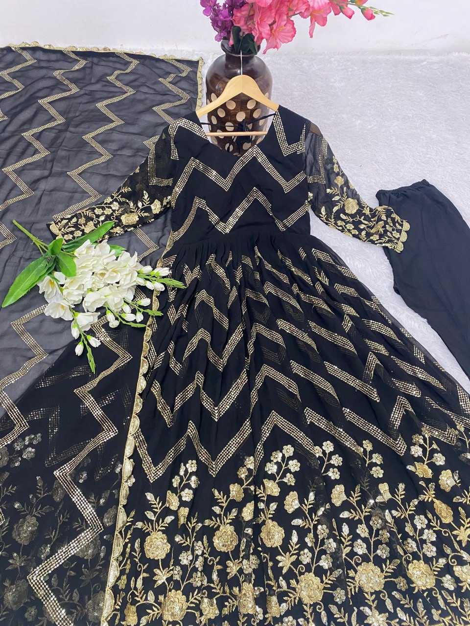 YNF FAUX GEORGETTE KESH164 G51 GOWNS WHOLESALE GEORGETTE EMBROIDERY ANARKALI BLACK GOWNS MANUFACTURER