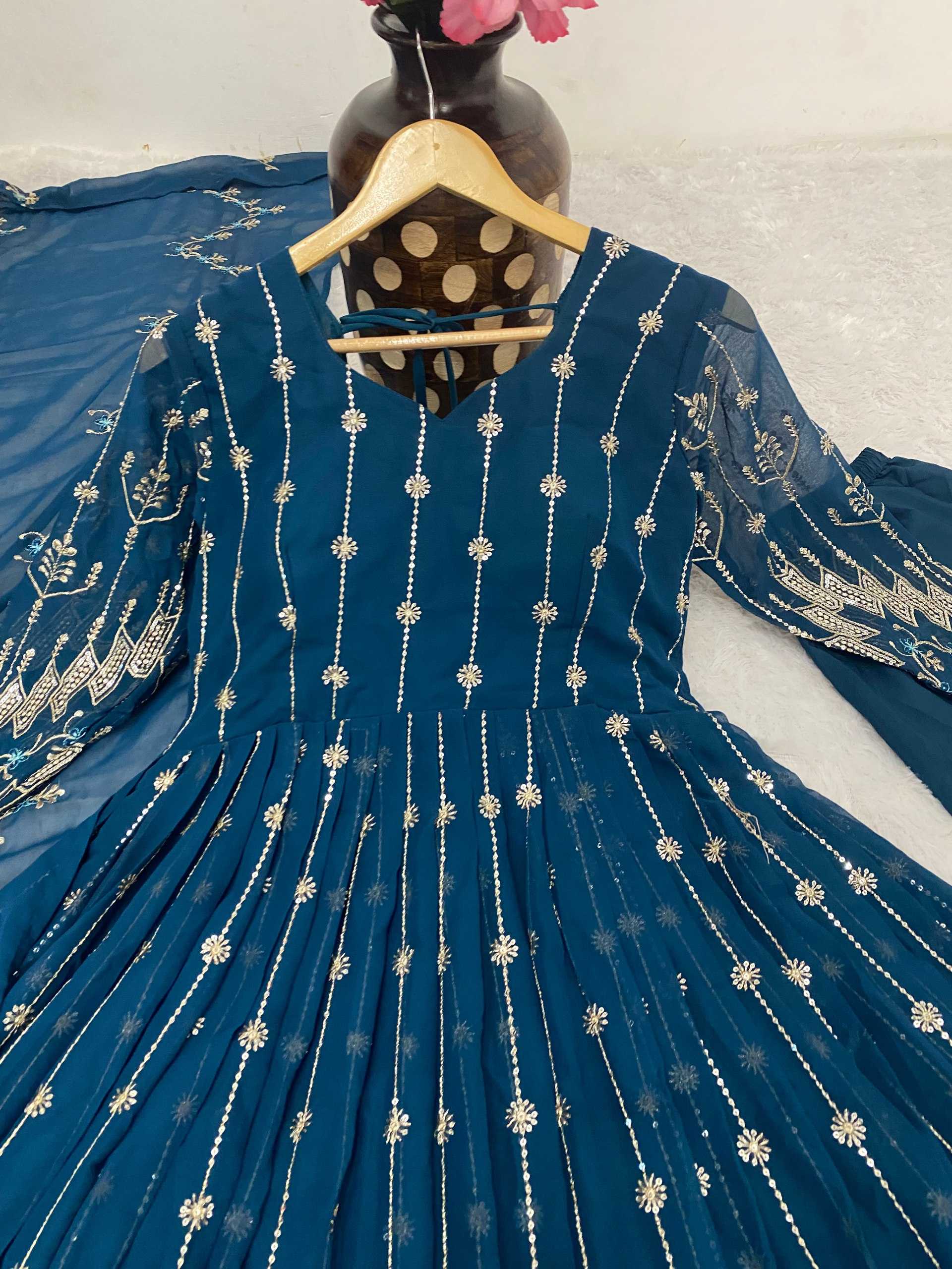 YNF FAUX GEORGETTE KESH164 G53 GOWNS WHOLESALE EMBROIDERED ANARKALI GEORGETTE BLUE GOWNS MANUFACTURER