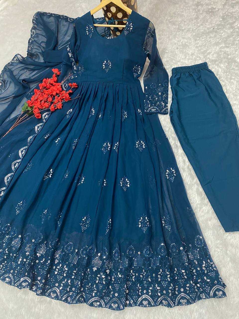 YNF FAUX GEORGETTE KESH164 G55 GOWNS WHOLESALE EMBROIDERED ANARKALI GEORGETTE BLUE GOWNS MANUFACTURER