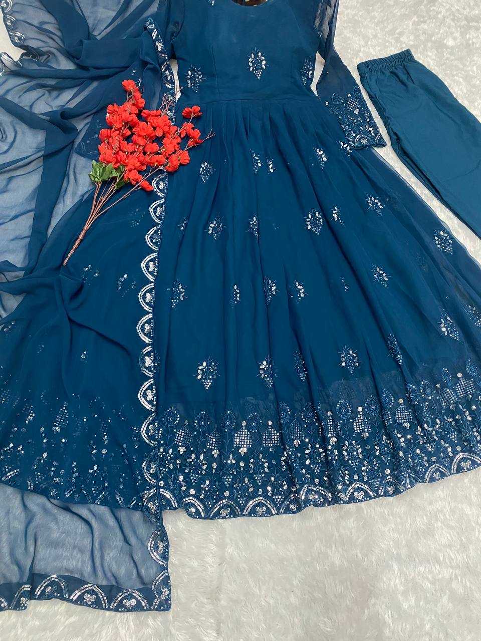 YNF FAUX GEORGETTE KESH164 G55 GOWNS WHOLESALE EMBROIDERED ANARKALI GEORGETTE BLUE GOWNS MANUFACTURER