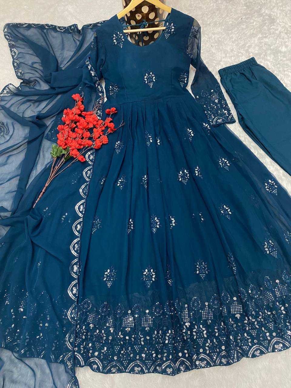 YNF FAUX GEORGETTE KESH164 G55 GOWNS WHOLESALE EMBROIDERED ANARKALI GEORGETTE BLUE GOWNS MANUFACTURER