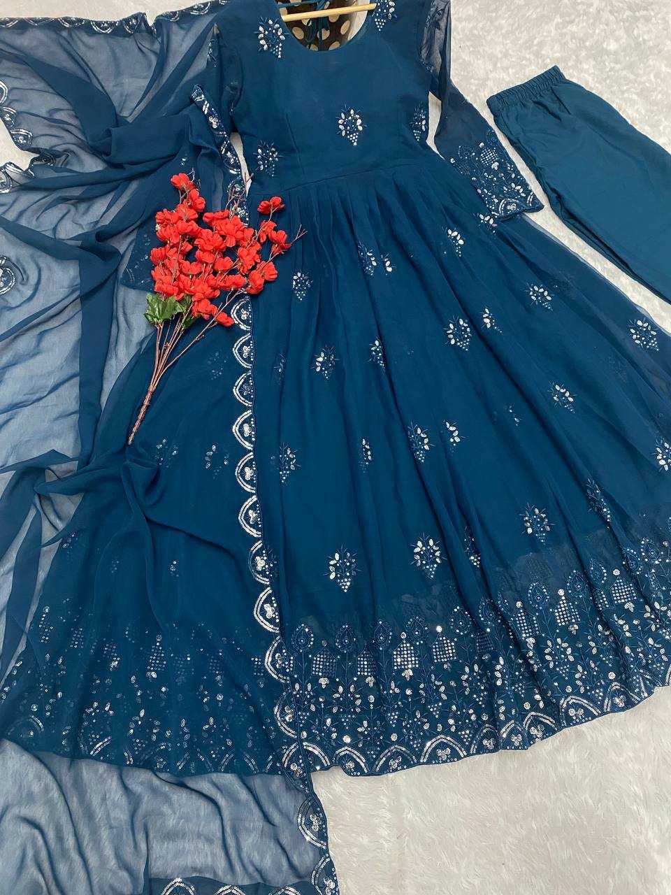 YNF FAUX GEORGETTE KESH164 G55 GOWNS WHOLESALE EMBROIDERED ANARKALI GEORGETTE BLUE GOWNS MANUFACTURER