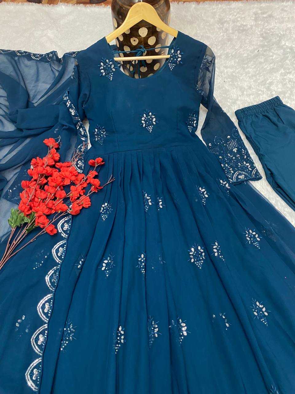 YNF FAUX GEORGETTE KESH164 G55 GOWNS WHOLESALE EMBROIDERED ANARKALI GEORGETTE BLUE GOWNS MANUFACTURER