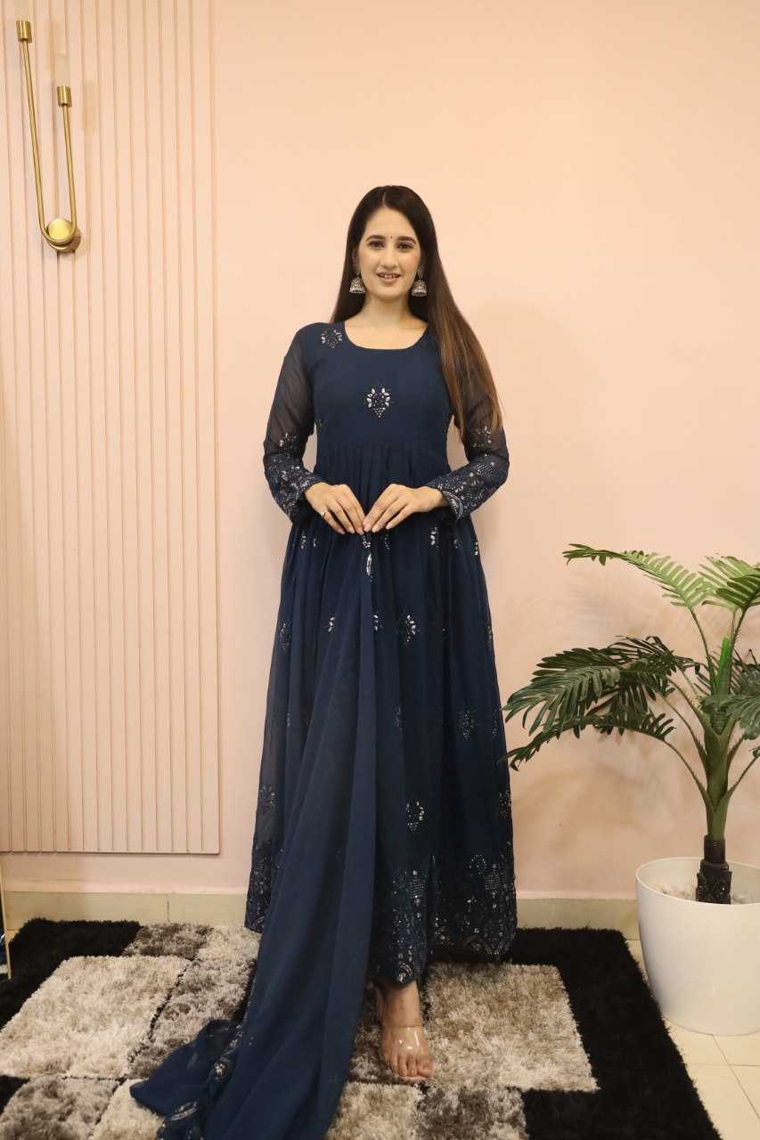 YNF FAUX GEORGETTE KESH164 G55 GOWNS WHOLESALE EMBROIDERED ANARKALI GEORGETTE BLUE GOWNS MANUFACTURER