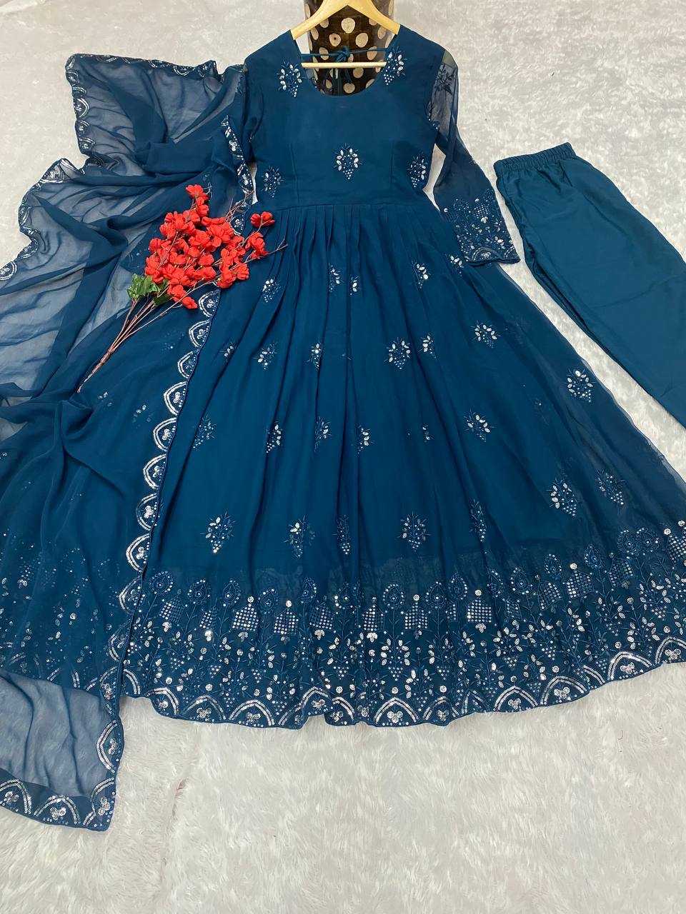 YNF FAUX GEORGETTE KESH164 G55 GOWNS WHOLESALE EMBROIDERED ANARKALI GEORGETTE BLUE GOWNS MANUFACTURER