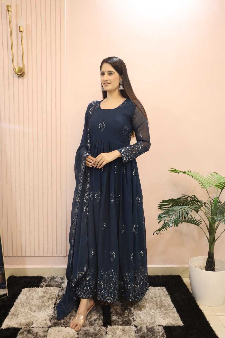 YNF FAUX GEORGETTE KESH164 G55 GOWNS WHOLESALE EMBROIDERED ANARKALI GEORGETTE BLUE GOWNS MANUFACTURER