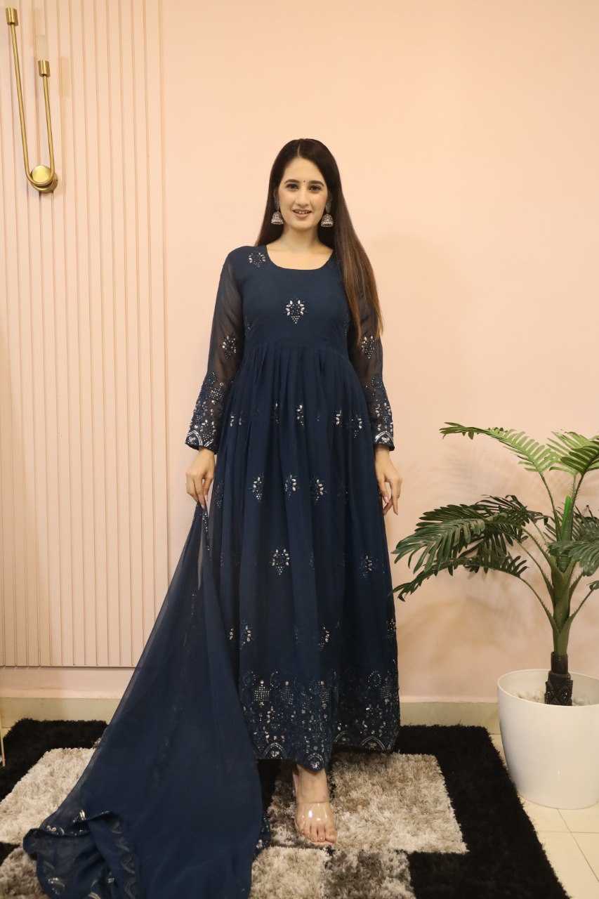 YNF FAUX GEORGETTE KESH164 G55 GOWNS WHOLESALE EMBROIDERED ANARKALI GEORGETTE BLUE GOWNS MANUFACTURER