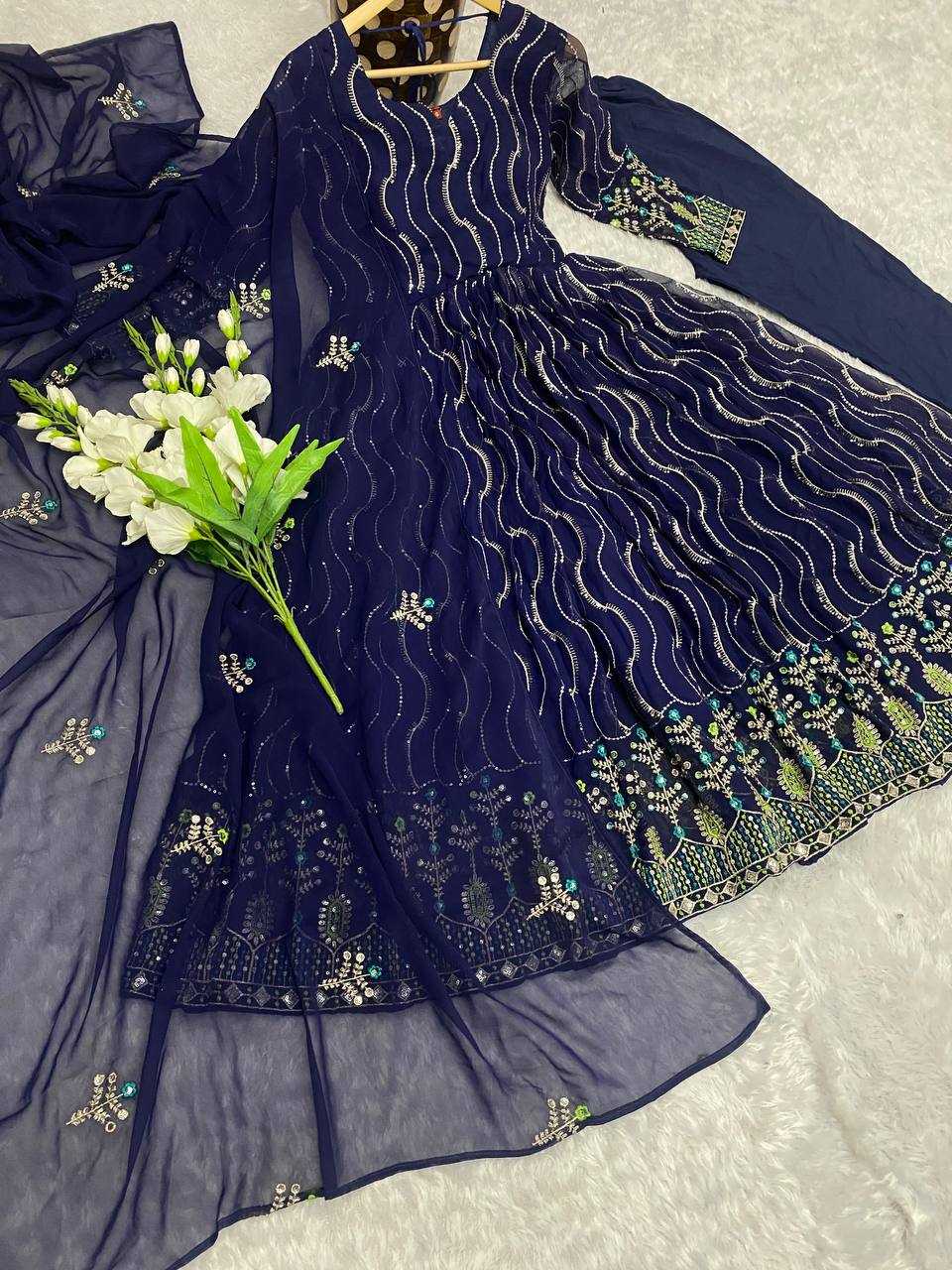 YNF FAUX GEORGETTE KESH164 G57 GOWNS WHOLESALE EMBROIDERED ANARKALI GEORGETTE BLUE GOWNS MANUFACTURER