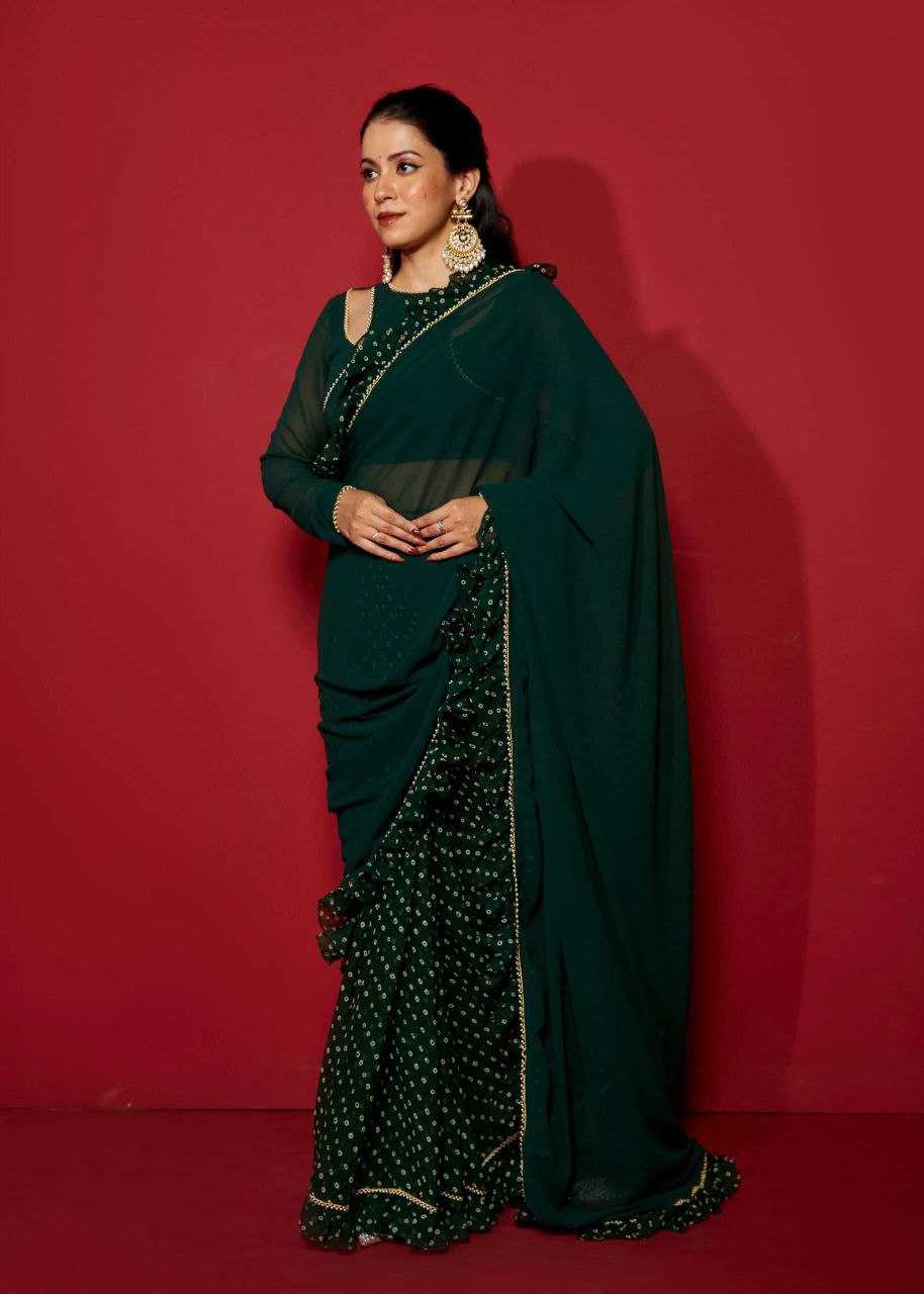 YNF FAUX GEORGETTE KESH188 9227 SAREES WHOLESALE READY TO WEAR GEORGETTE PRE DRAPED RUFFLE GREEN SAREES MANUFACTURER