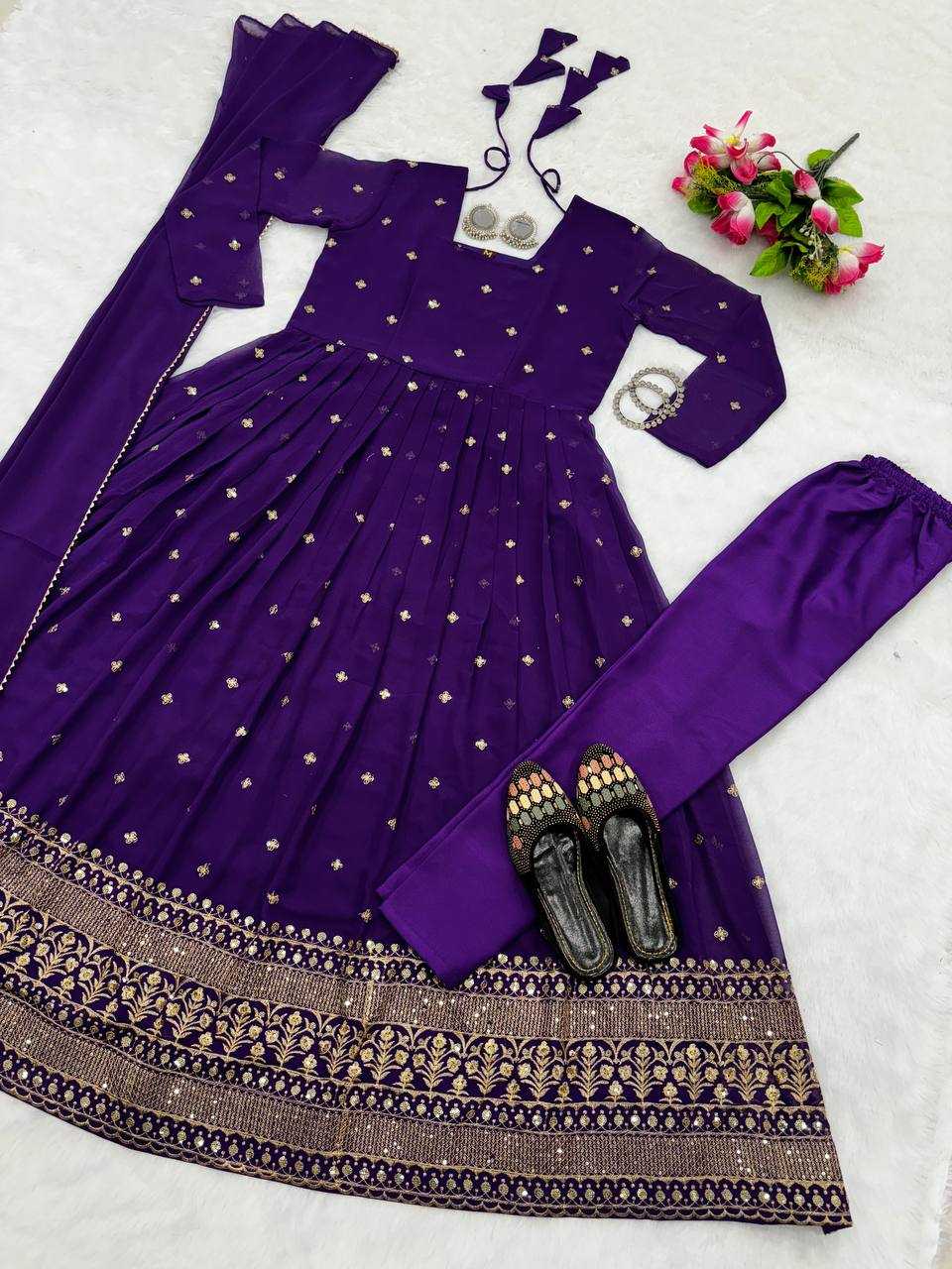 YNF FAUX GEORGETTE KESH224 184 GOWNS WHOLESALE EMBROIDERED ANARKALI LONG GEORGETTE GOWNS WITH DUPATTA PURPLE GOWNS MANUFACTURER