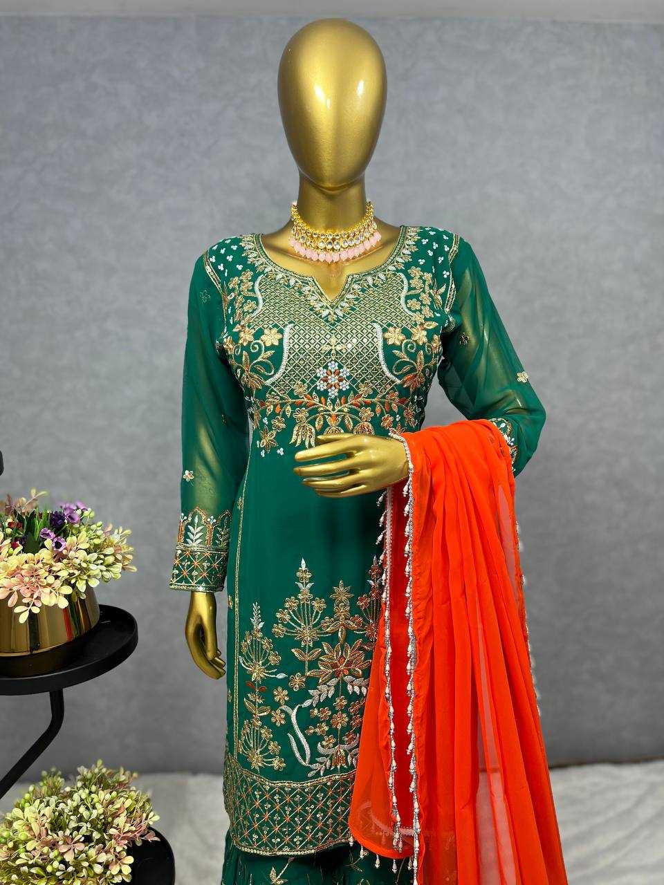 YNF FAUX GEORGETTE KESH227 1021 SUITS & DRESSES WHOLESALE SHARARA SALWAR EMBROIDERY GEORGETTE PARTY WEAR GREEN SALWAR SUITS  MANUFACTURER