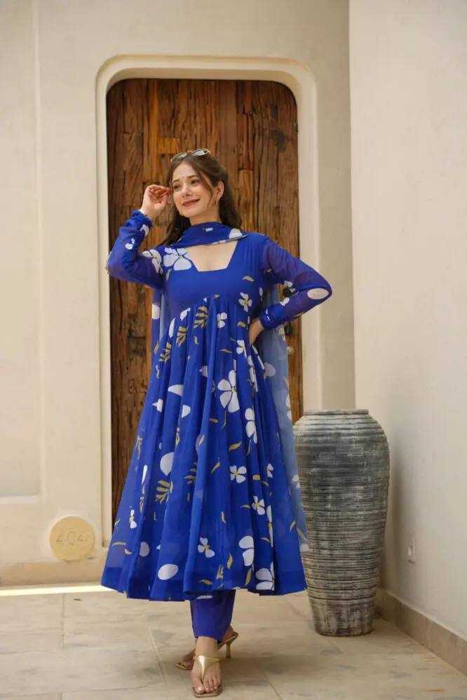 YNF FAUX GEORGETTE KESH240 382 GOWNS WHOLESALE GEORGETTE ANARKALI BLUE PRINTED GOWNS MANUFACTURER