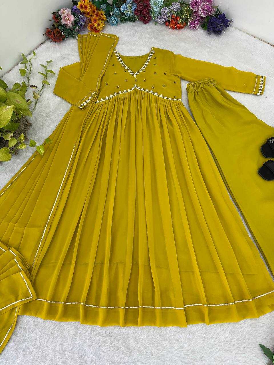 YNF FAUX GEORGETTE KESH240 407 GOWNS WHOLESALE ANARKALI GEORGETTE HALDI OUTFITS GOWNS MANUFACTURER