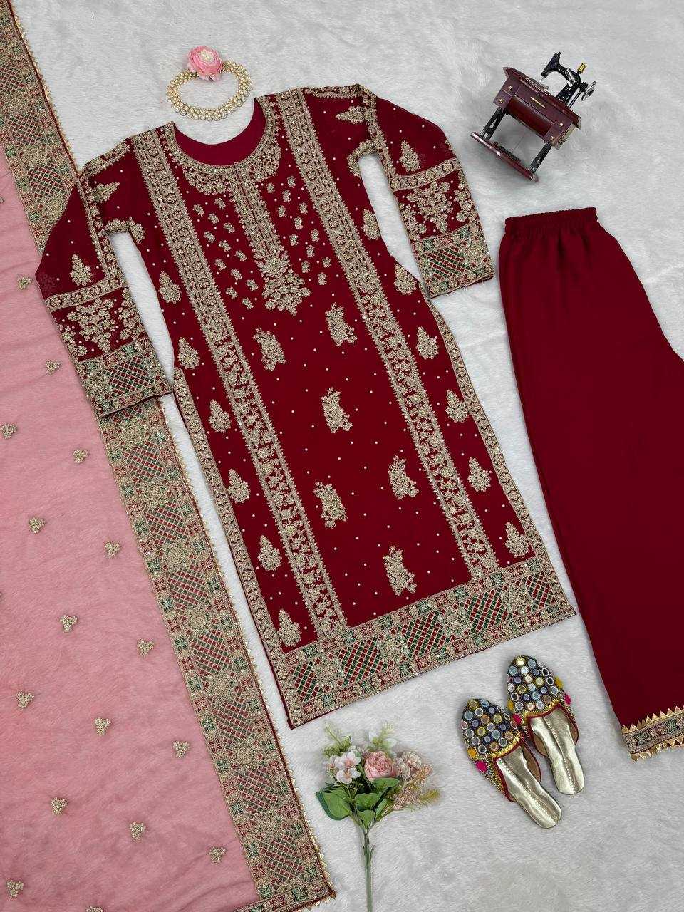 YNF FAUX GEORGETTE RIN133 1487 SUITS & DRESSES WHOLESALE GEORGETTE MAROON SALWAR PALAZZO SUITS MANUFACTURER