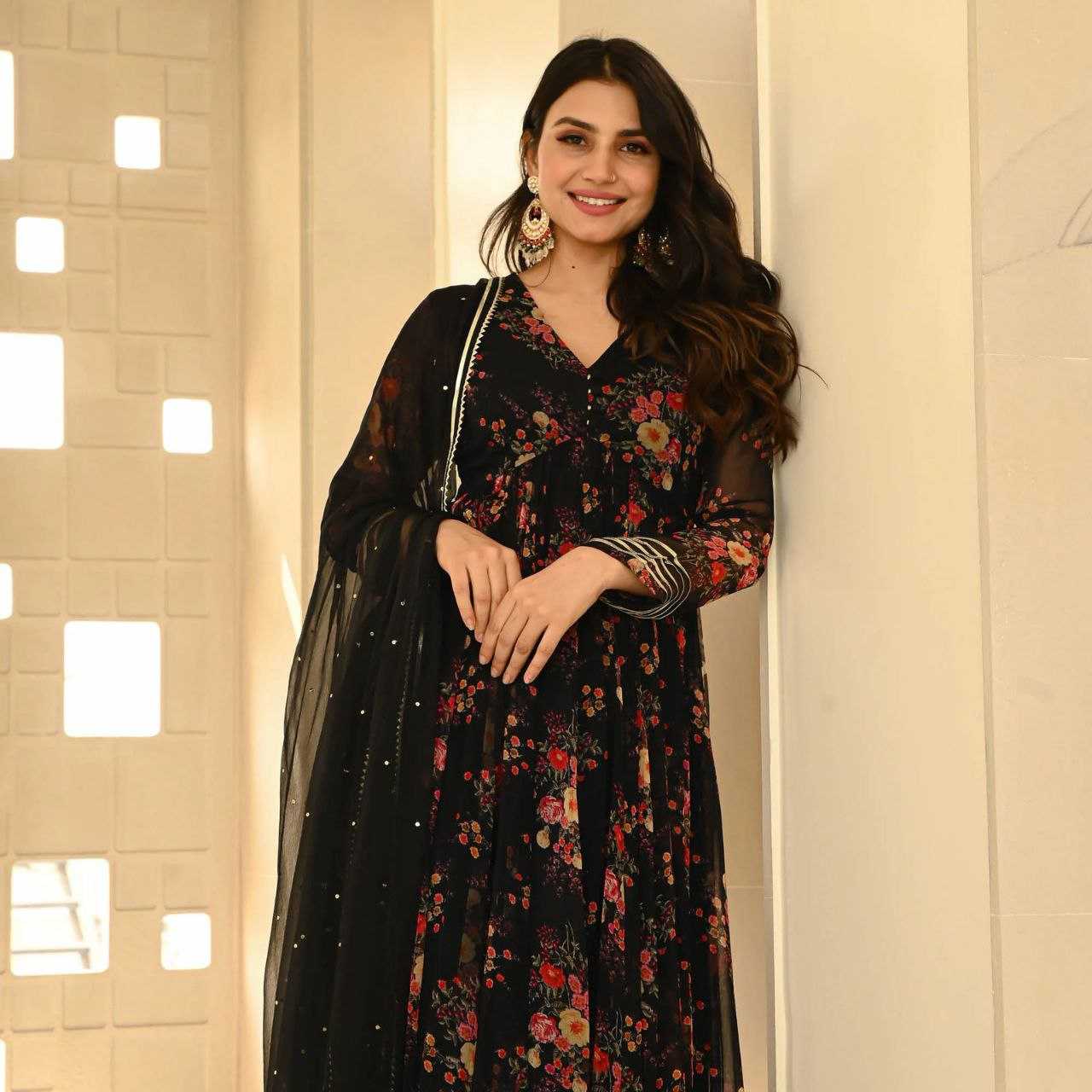 YNF GEOREGTTE KESH154 1139 GOWNS WHOLESALE GEOREGTTE BLACK PRINTED ANARKALI GOWNS MANUFACTURER