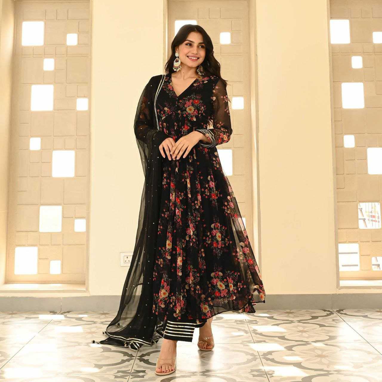 YNF GEOREGTTE KESH154 1139 GOWNS WHOLESALE GEOREGTTE BLACK PRINTED ANARKALI GOWNS MANUFACTURER