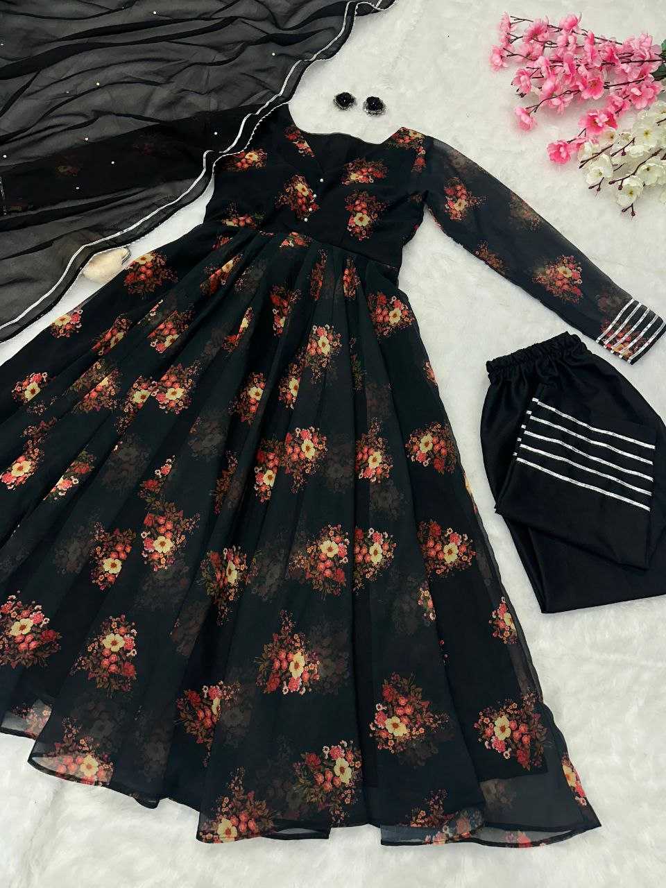 YNF GEOREGTTE KESH154 1139 GOWNS WHOLESALE GEOREGTTE BLACK PRINTED ANARKALI GOWNS MANUFACTURER