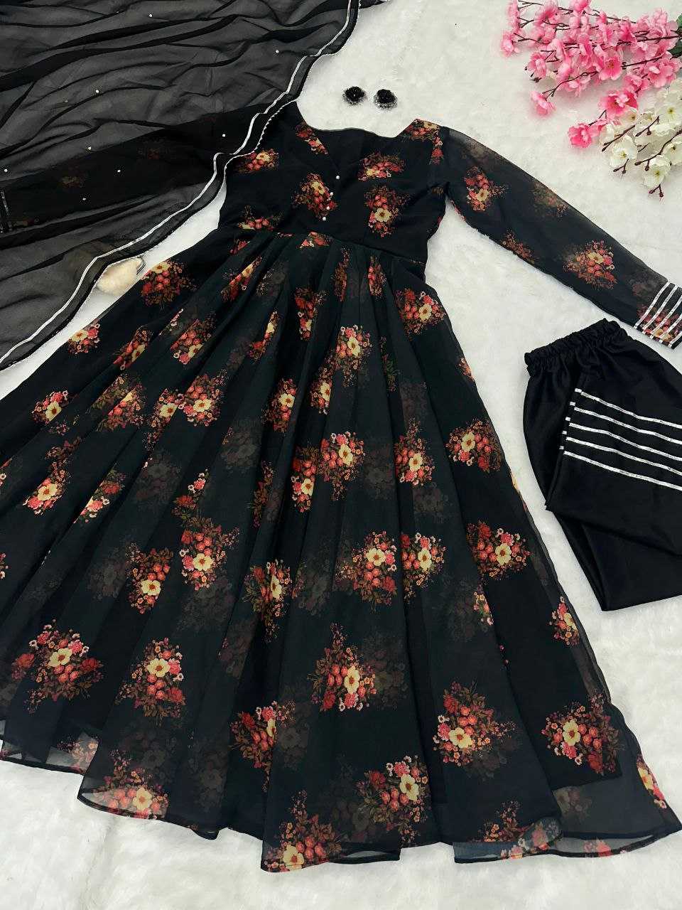 YNF GEOREGTTE KESH154 1139 GOWNS WHOLESALE GEOREGTTE BLACK PRINTED ANARKALI GOWNS MANUFACTURER