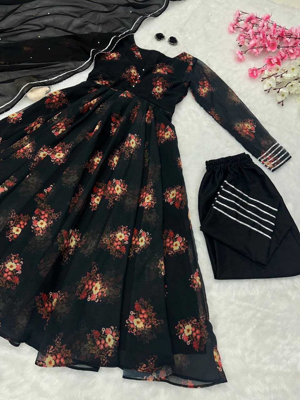 YNF GEOREGTTE KESH154 1139 GOWNS WHOLESALE GEOREGTTE BLACK PRINTED ANARKALI GOWNS MANUFACTURER