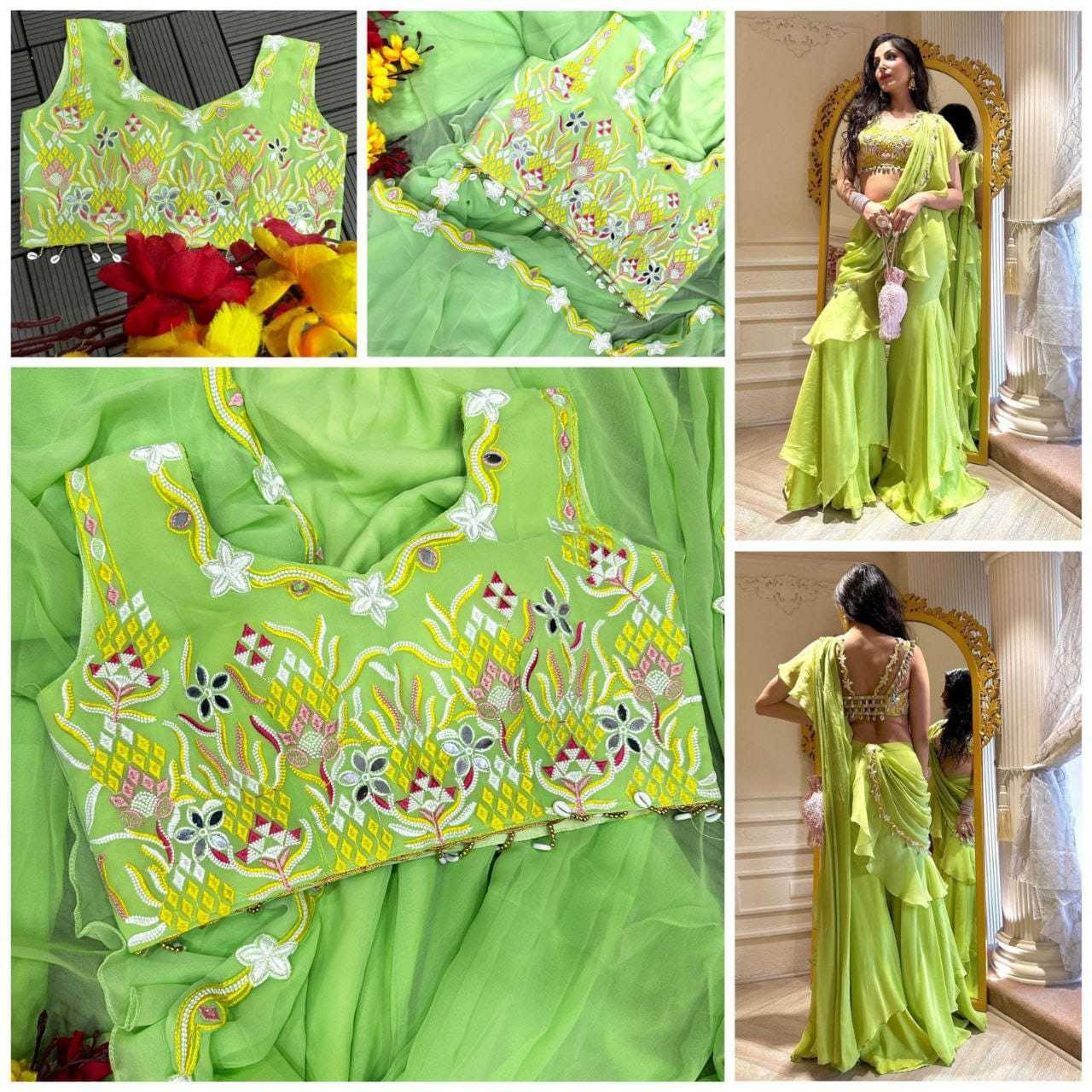 YNF GEORGETTE KESH188 9063 SAREES WHOLESALE READY TO WEAR GEORGETTE PRE DRAPED EMBROIDERED SAREE WITH BLOUSE GREEN SAREES MANUFACTURER