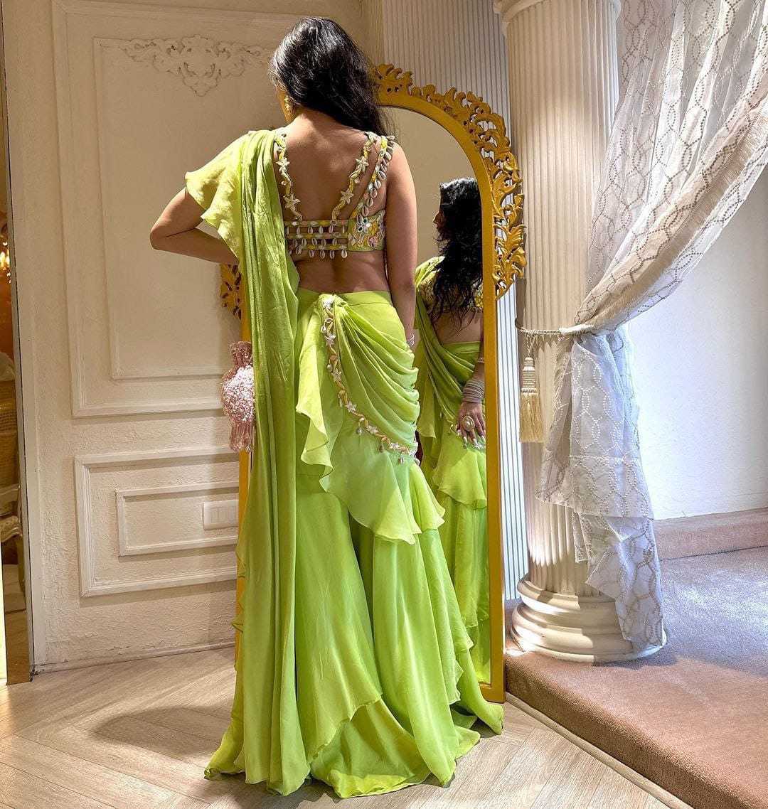 YNF GEORGETTE KESH188 9063 SAREES WHOLESALE READY TO WEAR GEORGETTE PRE DRAPED EMBROIDERED SAREE WITH BLOUSE GREEN SAREES MANUFACTURER