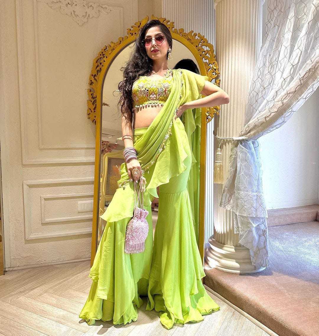 YNF GEORGETTE KESH188 9063 SAREES WHOLESALE READY TO WEAR GEORGETTE PRE DRAPED EMBROIDERED SAREE WITH BLOUSE GREEN SAREES MANUFACTURER