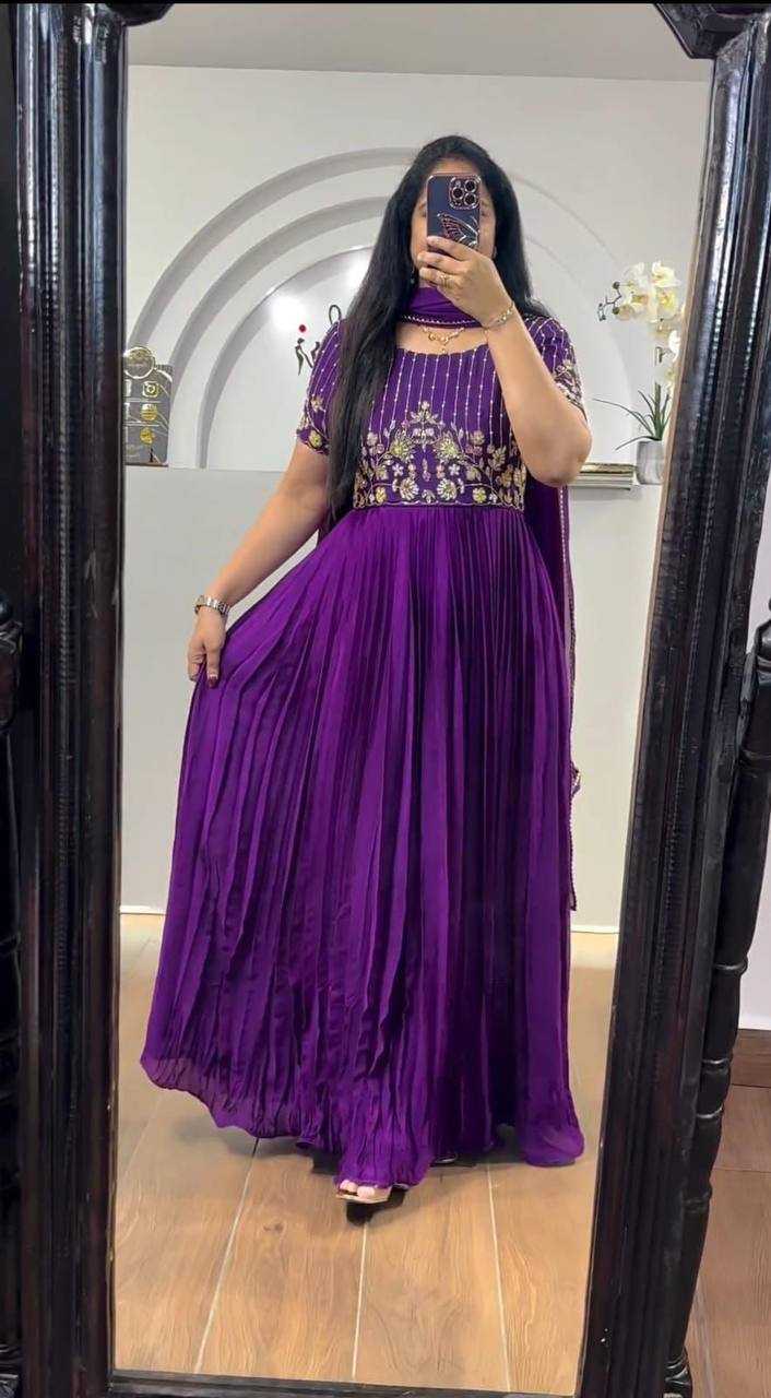 YNF GEORGETTE KESH232 906 GOWNS WHOLESALE EMBROIDERED LONG GEORGETTE PURPLE GOWNS MANUFACTURER